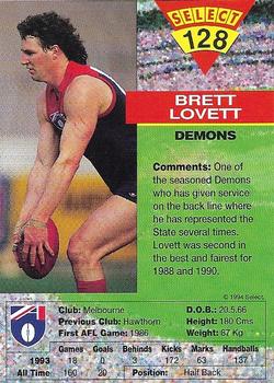 1994 Select AFL #128 Brett Lovett Back